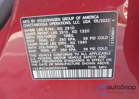 2022 Volkswagen Atlas 3.6L V6 Se W/Technology from USA, damaged, VIN 1V2JR2CA2NC550363